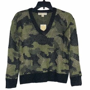 MICHAEL Kors Black and Green Long Sleeve Camo Knit Sweater V Neck Petite XS